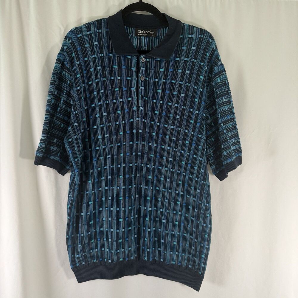 St Croix Polo Men's Large Blue Striped Short Sleeve Stretch Made USA